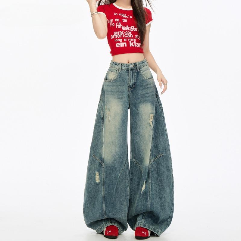 Women s High Waist Wide Leg Jeans Loose Fit Elegant Commute Ripped Denim Pants Winter Women Trousers XS