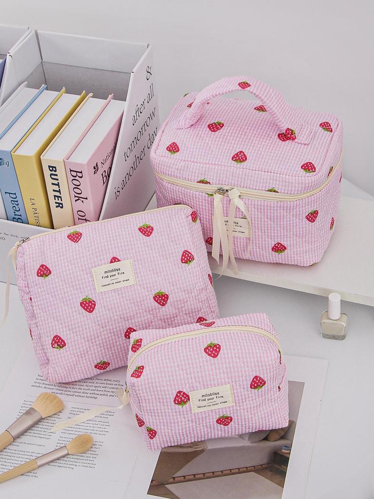 Stylish Quilted Cotton Makeup Bag with Cute Strawberry Design