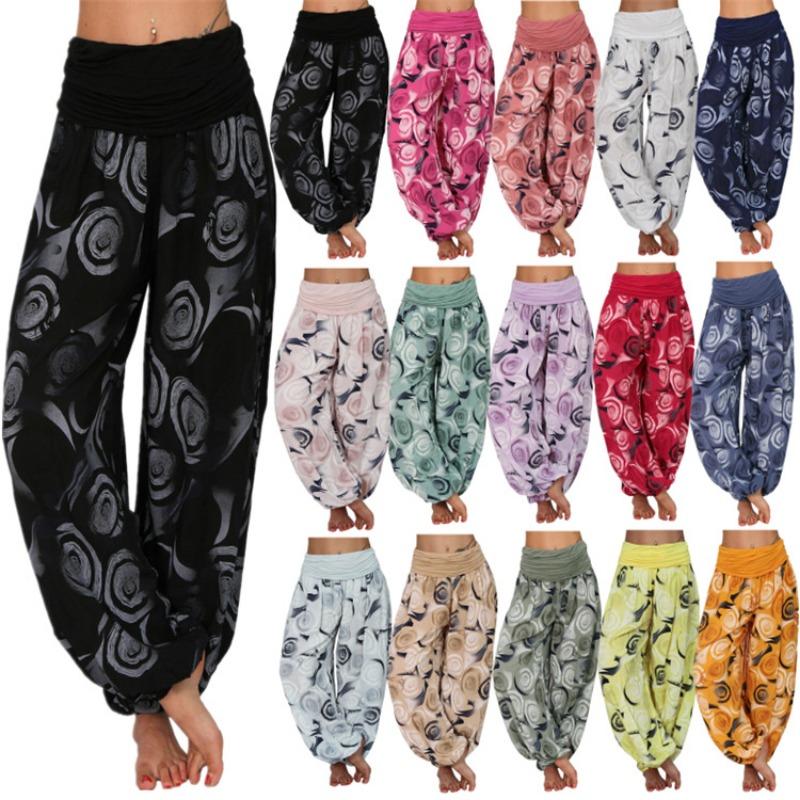 15 Color Women Casual Elastic Waist Plus Size Print Long Trousers Straight Loose Long Pants Haren