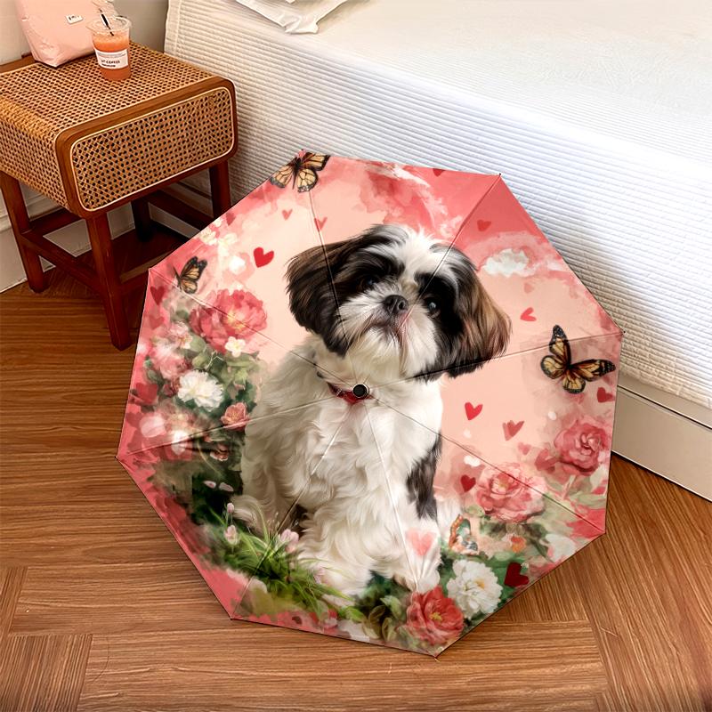 Heart and Shih Tzu pattern, automatic folding umbrella, portable and foldable design, 8 ribs, a Christmas or birthday gift.