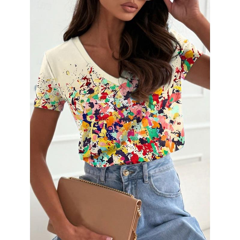 Women's Trendy T-Shirt Flowers Graphics Fashion Short Sleeved V-Neck Regular Tops Daily Print Tee Summer Y2K Casual Tops