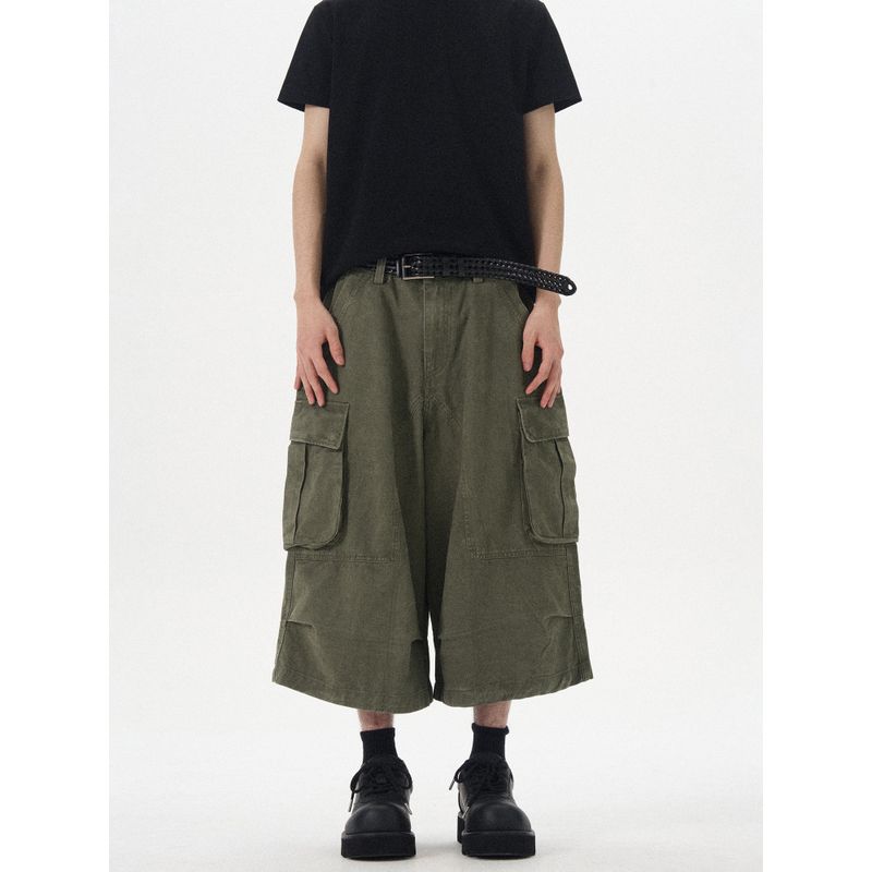 Kisko American Retro Washed Vintage Multi-Pocket Wide-Leg Cargo Pants Unisex Trendy Casual Loose Cropped Pants