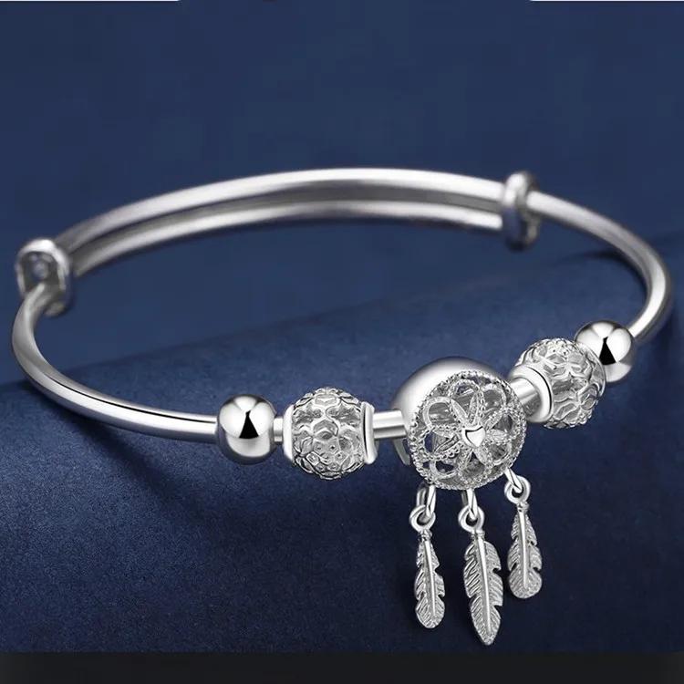 Adjustable Size 925  Silver Bangle Cuff Dreamcatcher Tassel Feather Round Bead Charm Bracelet Jewelry For Women Wedding