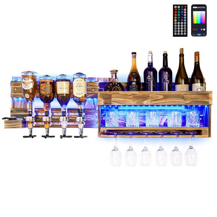 Yorbay Casier à Bouteilles Mural avec Éclairage LED, Étagère à Vin avec Distributeurs de Boissons, Porte-Bouteilles et Porte-Verres