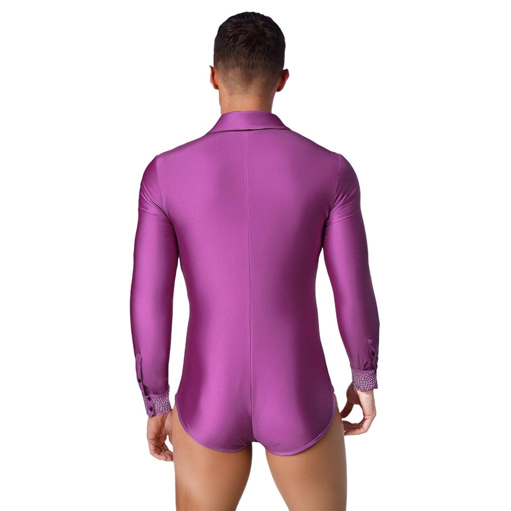 Mens Shiny Rhinestones Latin Dance Leotard Turn Down Collar V Neck Long Sleeve Button Shirt
