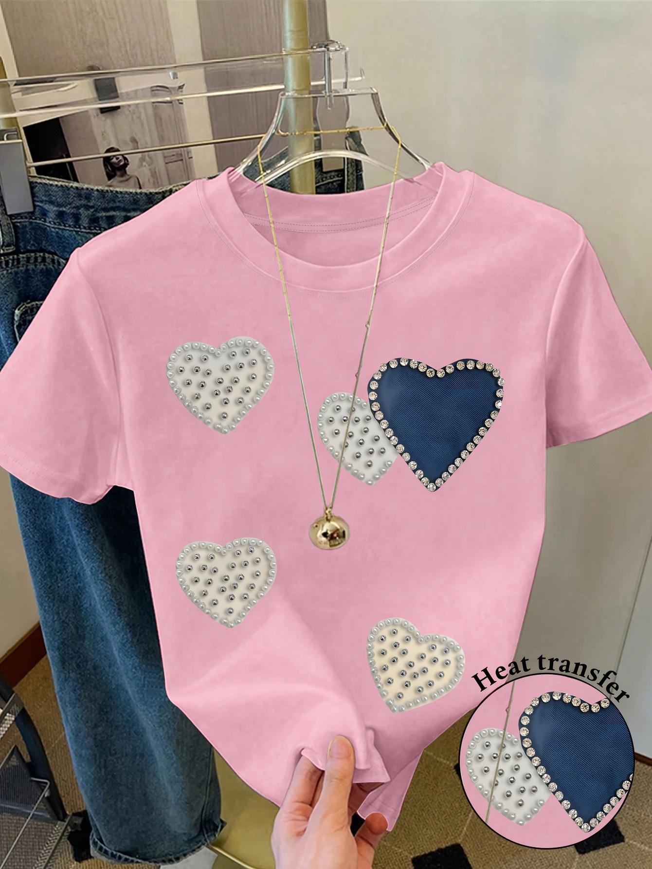 Pearl & Rhinestone Heart Women s Tee - Faux Pearl Heart Graphic, Casual Pink Top S