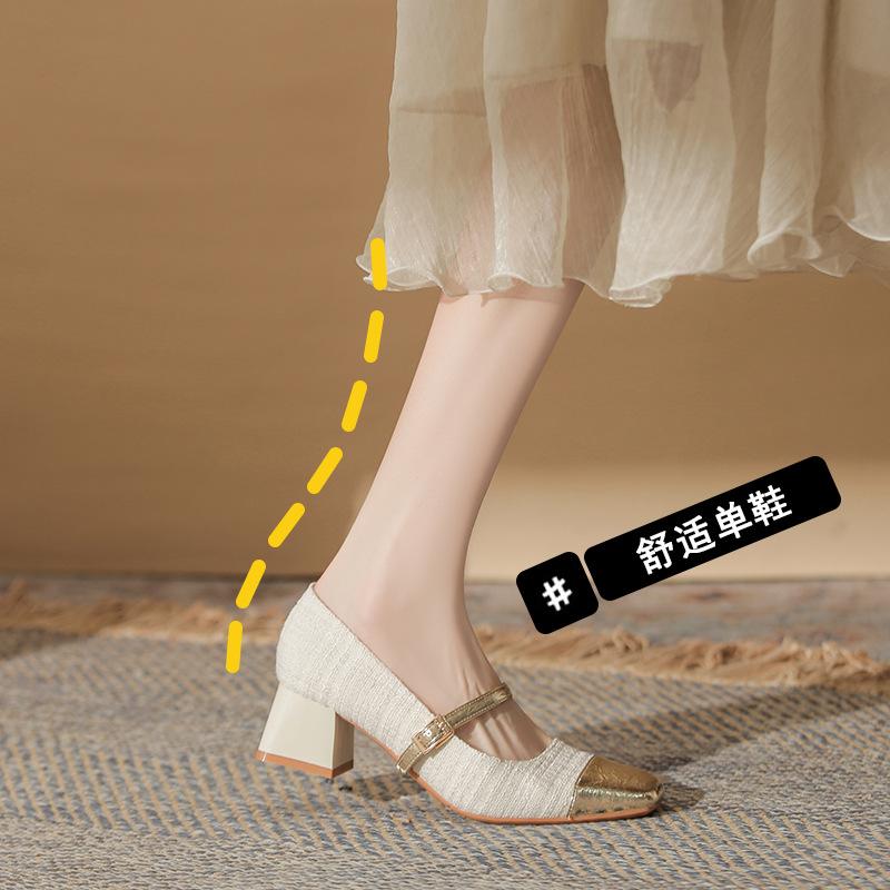 Classic Fashion Color Matching Metal Square Head Thick Heel Single Shoes New Women's High Heels Versatile