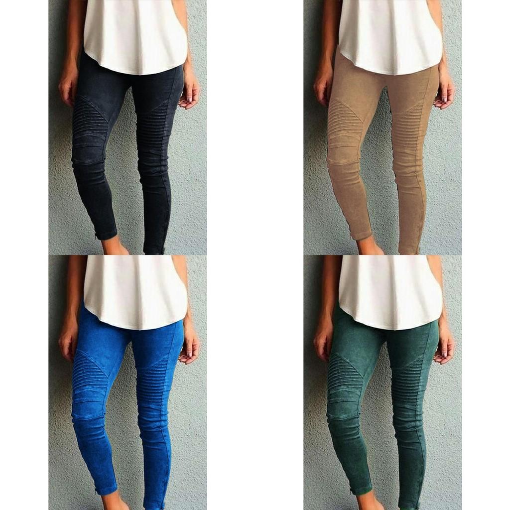 Womens Casual Slim High Elastic Pencil Long Pants Leggings In Vibrant Blue Green And Classic Black