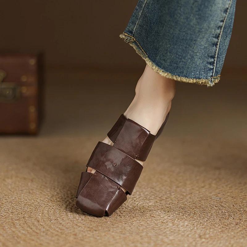 Fashion 2025 Outside Summer Women Mules Genuine Leather Women Shoes Cover Toe Chunky Heel Slippers Square Toe Hollow-out Modern Slippers