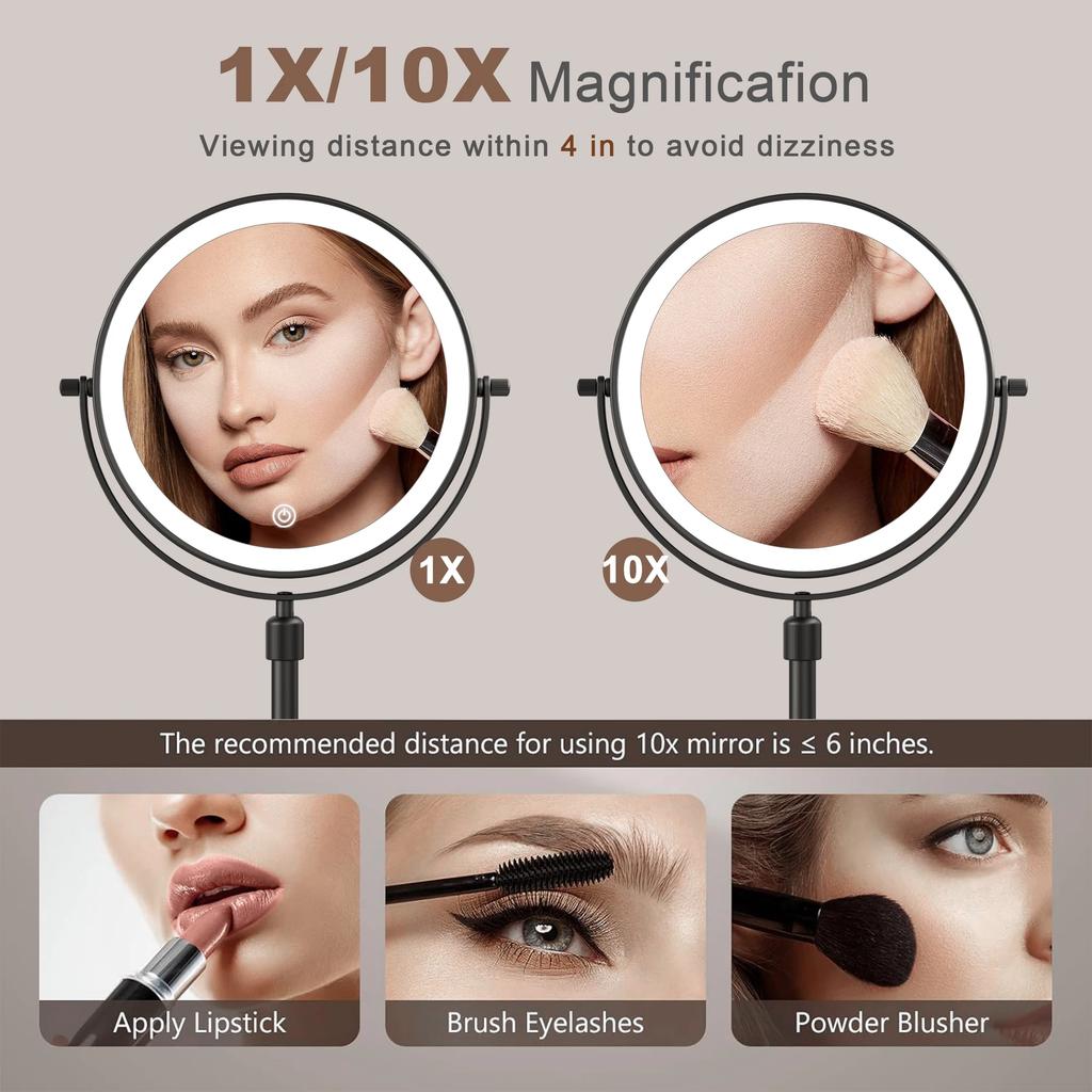 8.5 Inch Makeup Mirror With Light Lamp 10X Magnification 3 Color Lights,Adjustable Brightness Height Standing Cosmetic Mirror