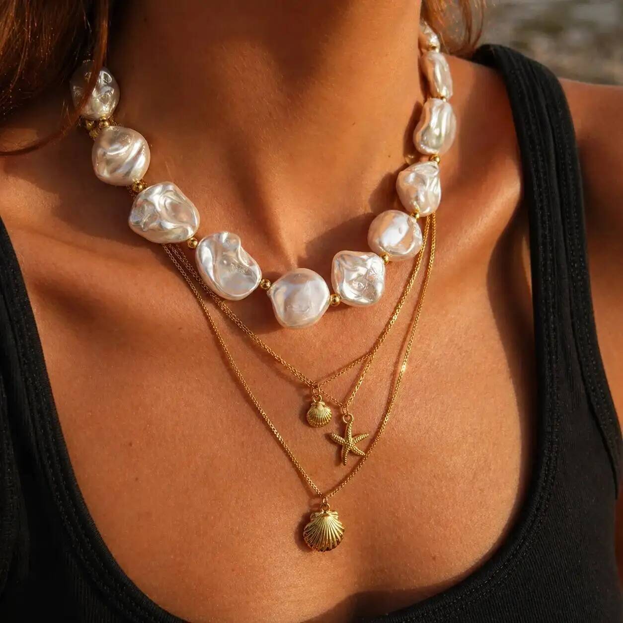 IngeSight.Z 5Pcs/Set Bohemia Baroque Imitation Pearl Beads Choker Gold Plated Stainless Steel Starfish Conch Pendant Necklace