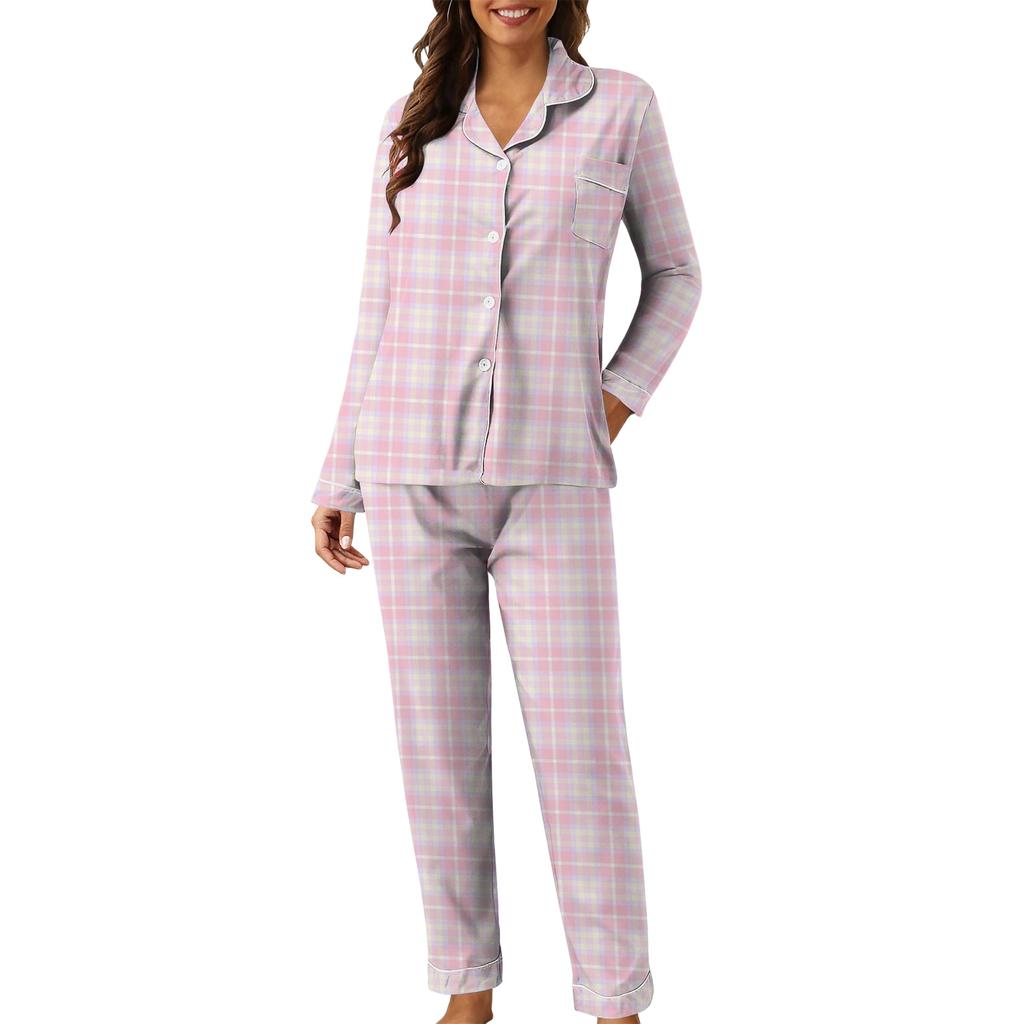 Women's Casual Fashion Plaid Patchwork Print Long-Sleeved Trousers Homewear Set