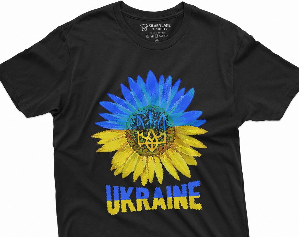 Men's Sunflower Ukraine Support T-shirt Ukraine Logo Trident Blue and Yellow Color Graphic T-shirt Unisex Mens Womens Tshirt