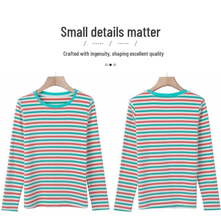 2024 Autumn/Winter Women's Korean Style Striped Long Sleeve Round Neck T-shirt, Thickened Base Layer Top