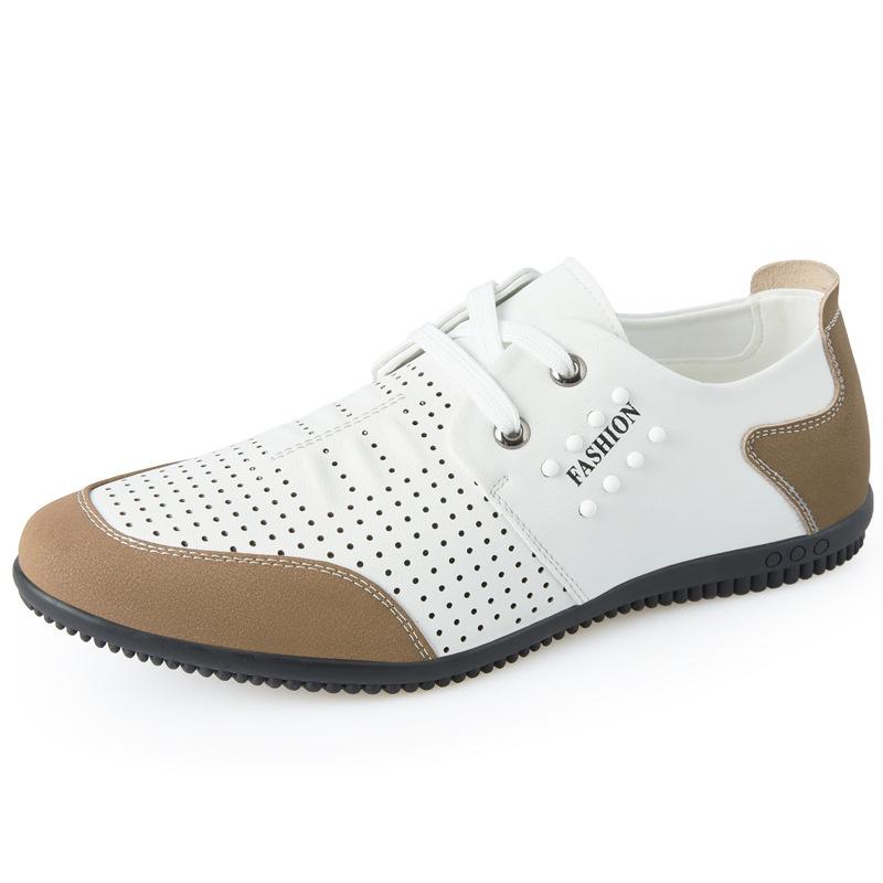 Men's Shoes Hollow Breathable Cowhide Soft Sole Four Seasons Leather Shoes Men's Inner Height Increase Thin White Casual Shoes 2025