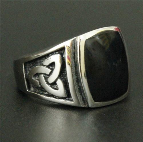 Viking Black Stone Egyptian Pattern Ring 316L Stainless Steel Biker Ring