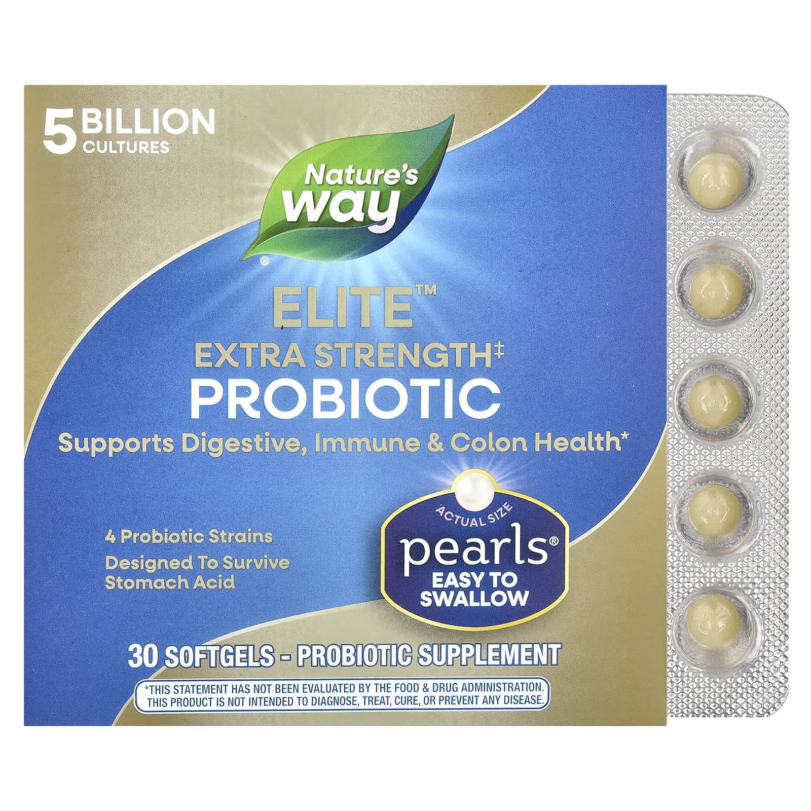 

Nature s Way, Pearls® Elite™ Extra Strength Probiotic, 5 Billion CFU, 30 softgels