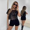 2025 European & American Style One-Shoulder Sequin Mesh T-Shirt