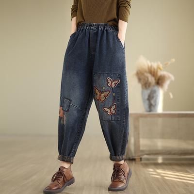 Pantalones Vaqueros Vintage Patchwork con Bordado de Mariposas para Mujer Cintura Elástica Casual Sueltos Longitud Tobillo Pantalón Harem