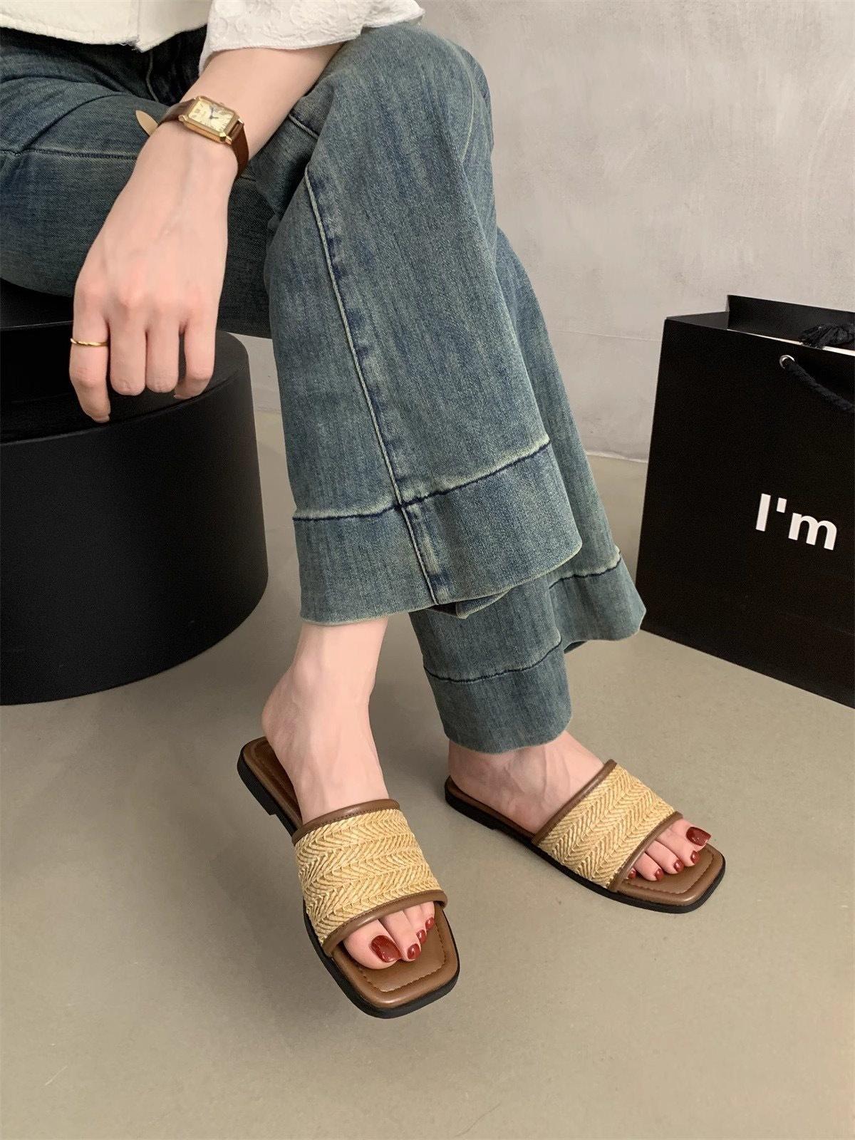 

French Shoes, Sandals, Woven Small Summer Soft Soles, Beach Cool Slippers, Women S Flat Bottom One-Word Drag 35 коричневый