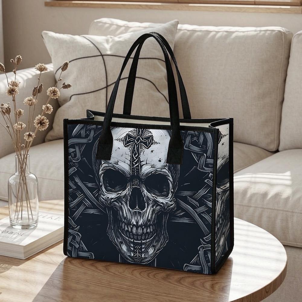 Gothic Skull Pattern Daily Tote Bag Fashionable Street Style Carry All Handbag For Outdoor Casual Use
