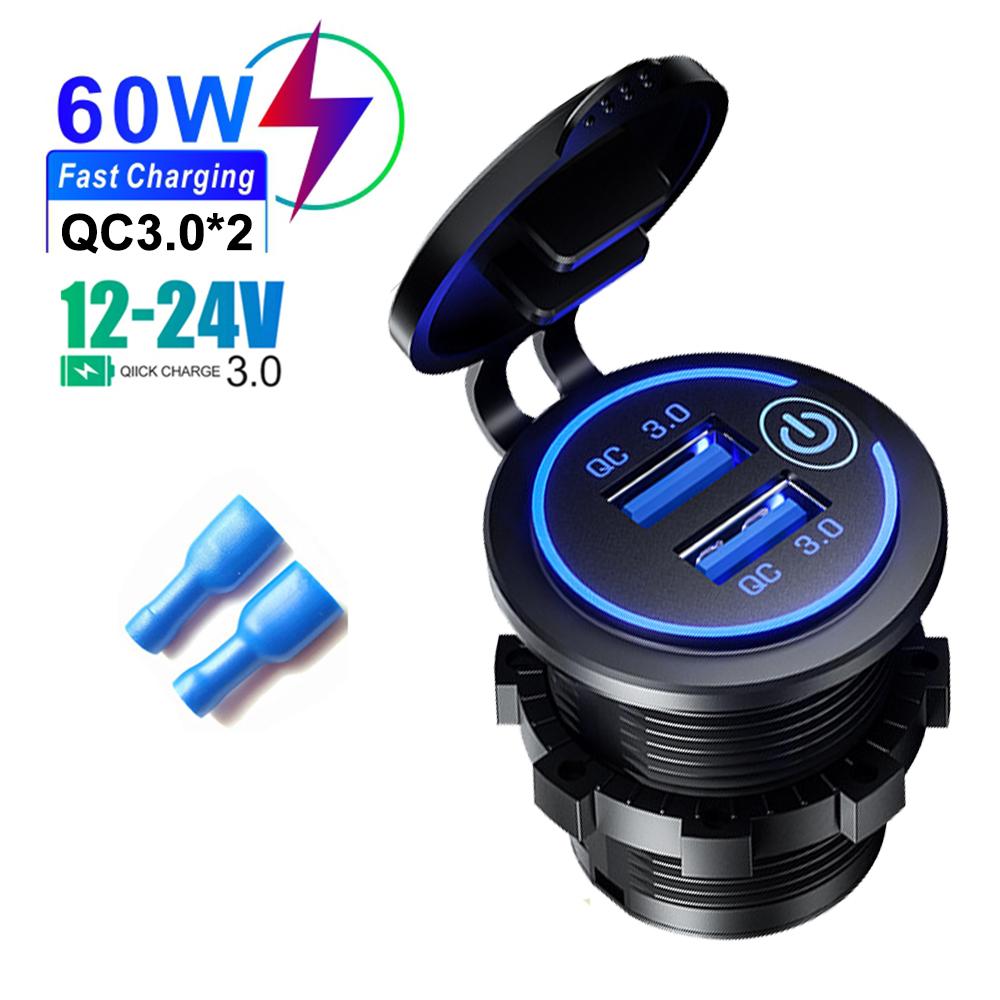 Quick Charge 3.0 Dual Usb Fast Car Charger Waterproof 12v/24v Qc3.0 Power Outlet With Touch Switch&led Light
