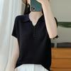 Women Knit T-shirt Summer Knitted Shirt Short Sleeve Tees Turn-down Collar Pullover Knit Tops Female