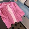Rose pink fake two-piece knitted cardigan women's new small top, high-end early autumn wear