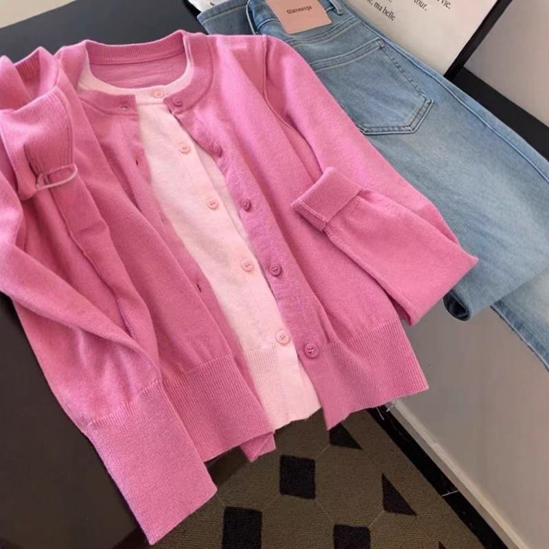 Rose pink fake two-piece knitted cardigan women's new small top, high-end early autumn wear