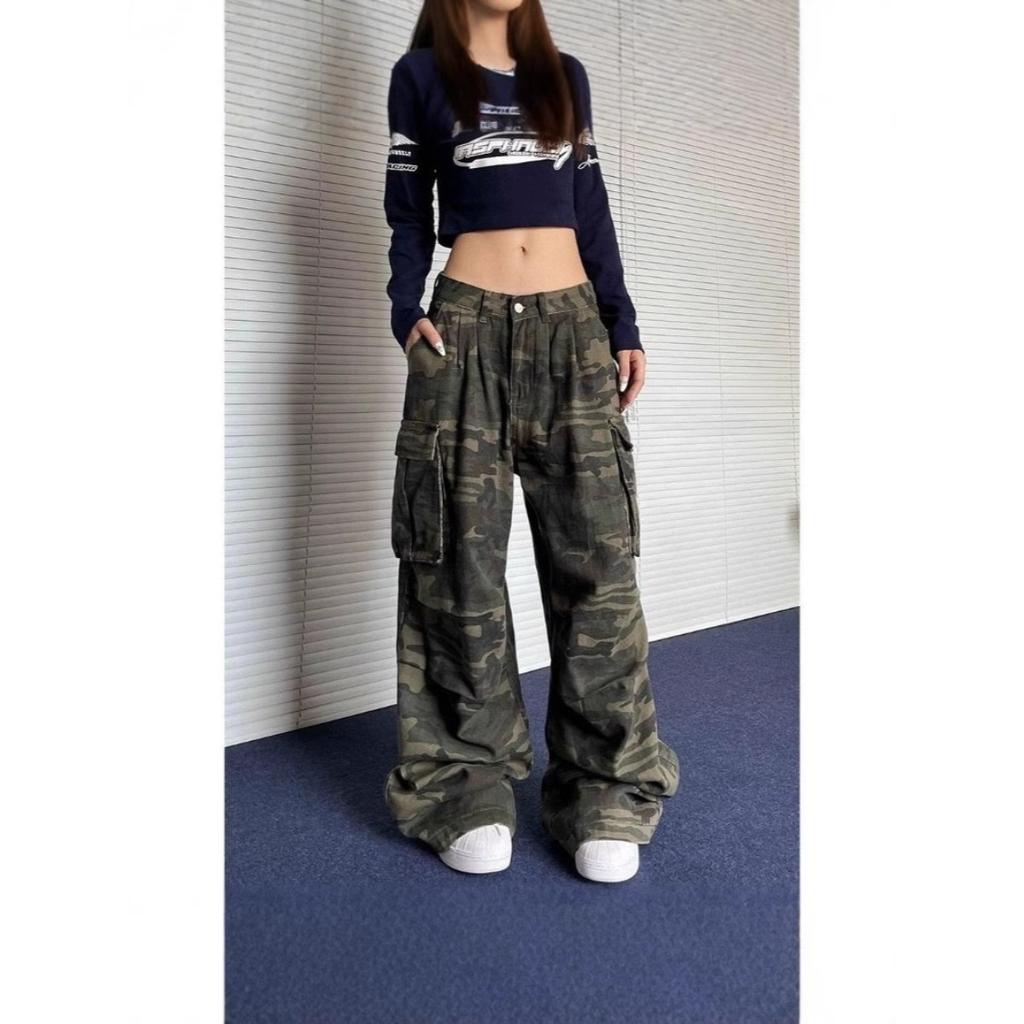 LUXEON Militärgrüne Damenjeans Hohe Taille Vintage Gerade Baggy Y2K Denimhose Hip Hop Amerikanische Mode Weiter Bein Denimhose