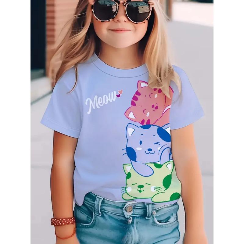 Children's Short Sleeved T-shirt Girls' Round Neck Summer Cat Print Fashionable Casual Versatile T Shirt