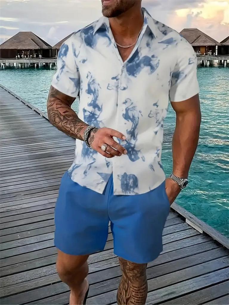 Hawaii Geometric Print Men's Shirt Casual Fashion Short Sleeve Shirt Shorts Set Men's Lapel Top Drawstring Shorts Two Piece Set