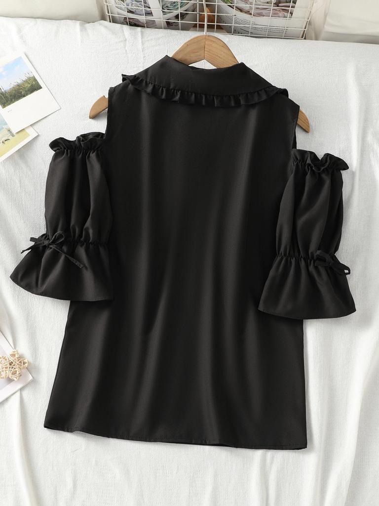 Versatile Ruffle Doll Collar Blouse - Women's Short-Sleeve, Pleated, Loose Fit, Solid Color