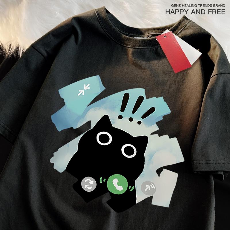 Funny Black Cat Japanese Style T Shirt Men Women Fashion Tshirts Summer 100% Cotton Tops Casual Loose Street T-Shirts