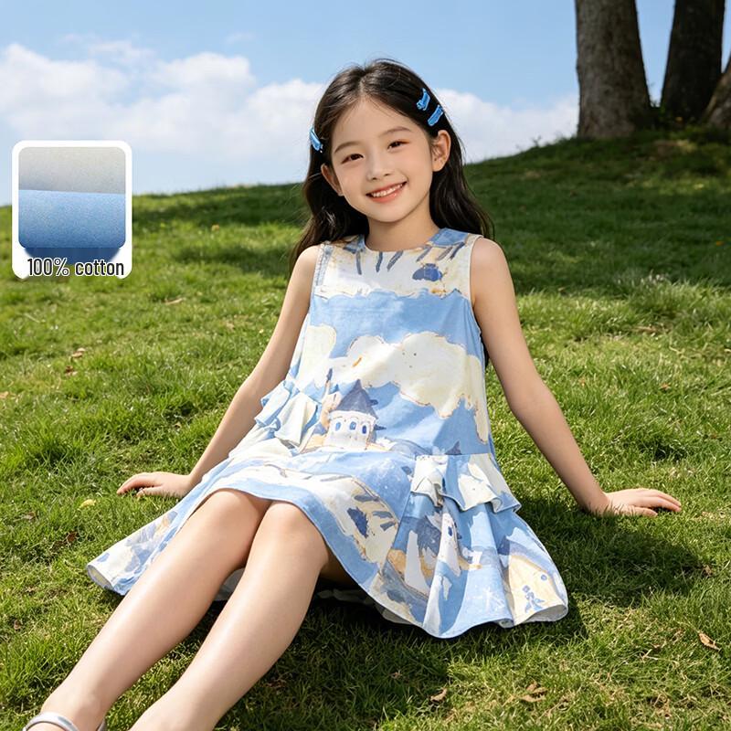 Xiaoyinman Girls Printed Sleeveless Cotton Summer Dress 150 синий