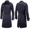 Mens Spring Autumn Windbreak Overcoat Long Trench Coats with Belt Male Pea Coat Double Breasted Solid Outerwear