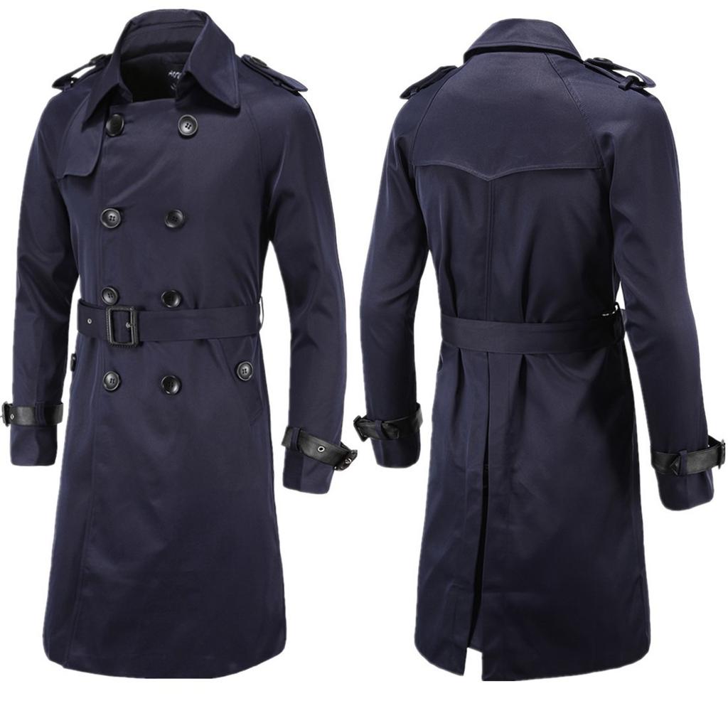 Mens Spring Autumn Windbreak Overcoat Long Trench Coats with Belt Male Pea Coat Double Breasted Solid Outerwear