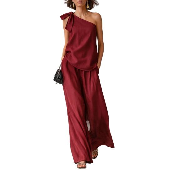 2-teilige Outfits für Damen Sommer One-Shoulder Ärmelloses Oberteil und Weitbeinige Hose Passendes Lounge-Set mit Taschen