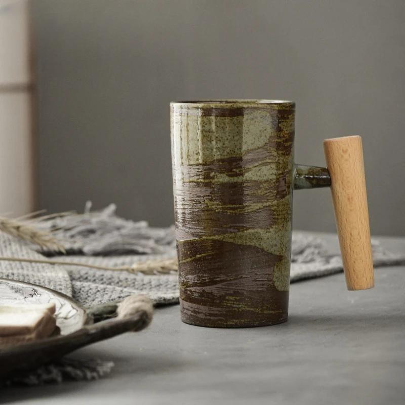 Tazza Personalizzata in Stile Giapponese Cambi di Forno Retro Porcellana Tazze da Caffè Manico in Legno Tazza da Espresso Bicchieri Tazza da Caffè in Ceramica