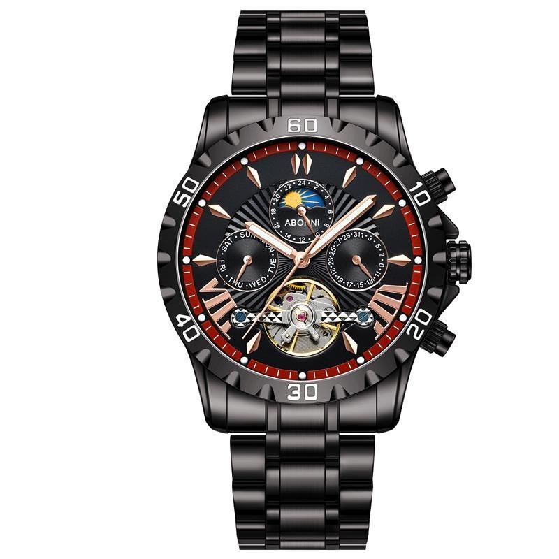 Men Business Casual Mechanical Watch Calendar Week Moon Phase Multifunctional Waterproof Luminous Stainless Steel Wristwatch