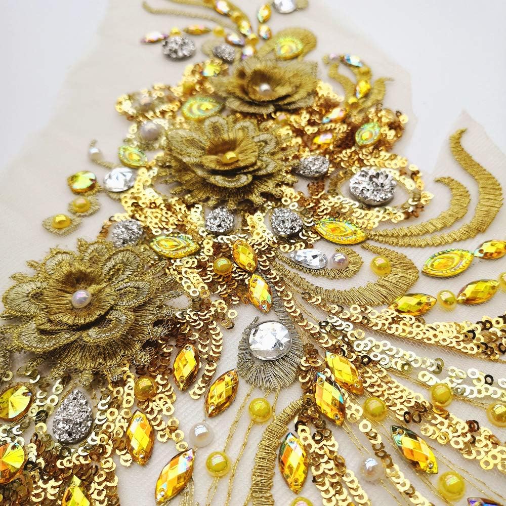 Handmade Sewn on The Web 3D Lace Rhinestones Applique Crystal Patches with Stones Sequins Beads Wedding Dress Accessories (Yellow)