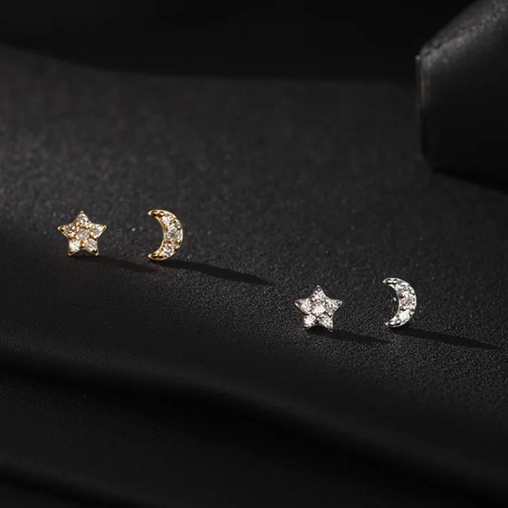 S925 Sterling Silver Star and Moon Earrings for Women Girl Cute Asymmetric Super Mini Stud Earrings Korean Fashion Jewelry Gifts