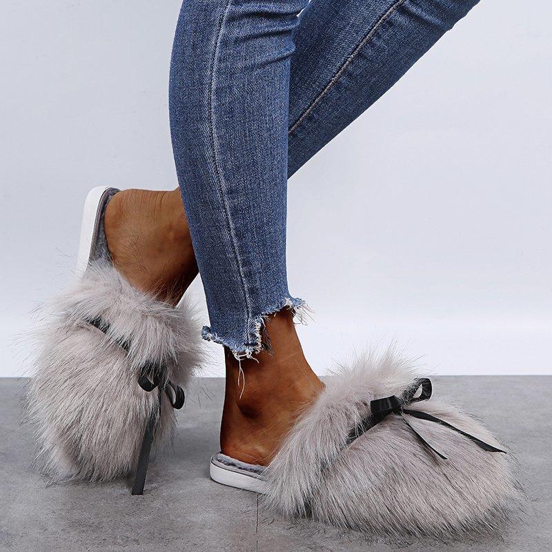 Sweet Bowknot Mix Color Faux Fur Slides Women 2025 Autumn Warm Short Plush Outdoor Slippers Soft Sole Cotton Mules Slippers