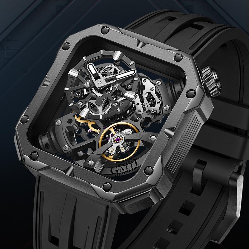 BONEST GATTI Original Skeleton Design Square Mechanical Watch Sapphire Crystal Luminous Rubber Strap Men's High-End Watches