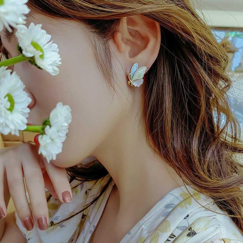 Color Butterfly Stud Earrings Women's Small and Simple Summer Versatile Cute Earrings Drop Glaze S925 Sterling Silver Needle Fresh Earrings
