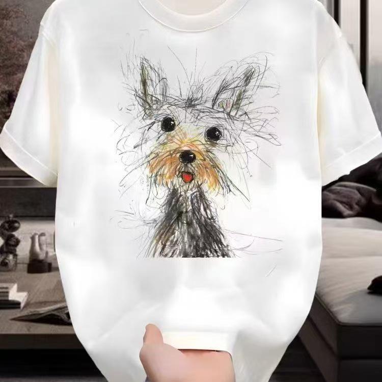 

Женская футболка с коротким рукавом и рисунком из хлопка - 220 г, свободный крой, круглый вырез, дышащая, модная, большой размер S