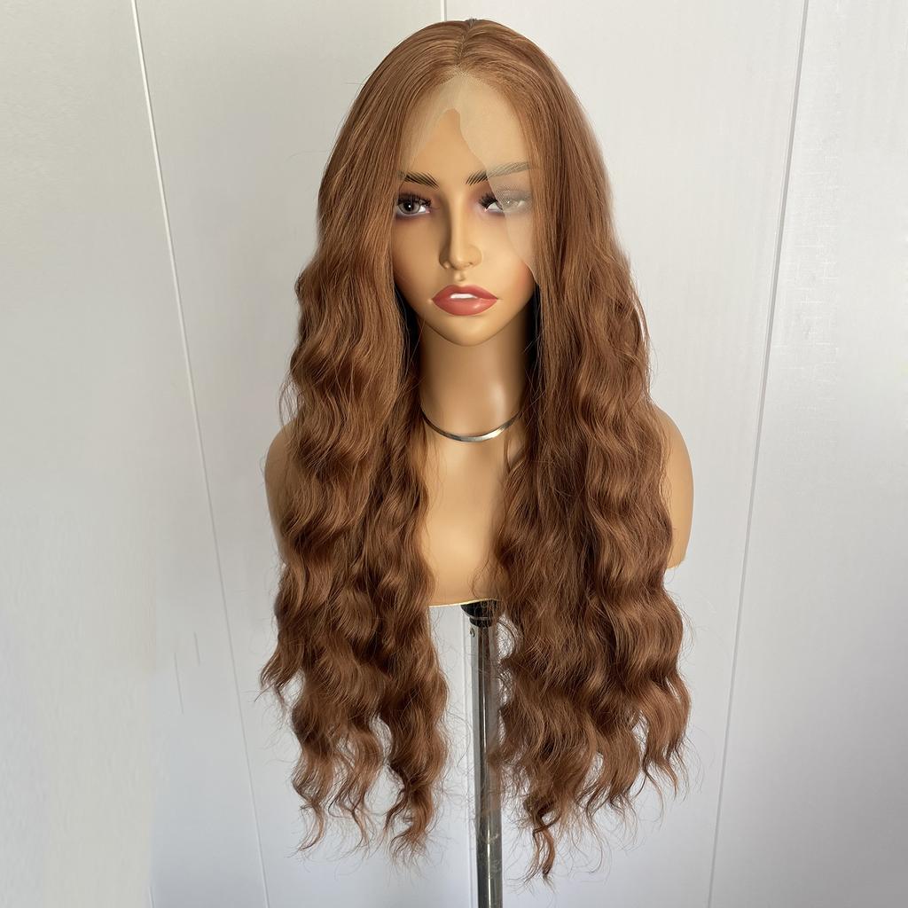 AIMEYA Brown Deep Wave Wig 13x4 Lace Front Synthetic Wigs for Women Natural Hairline Daily Wear Cosplay Wigs Glueless Long Hair