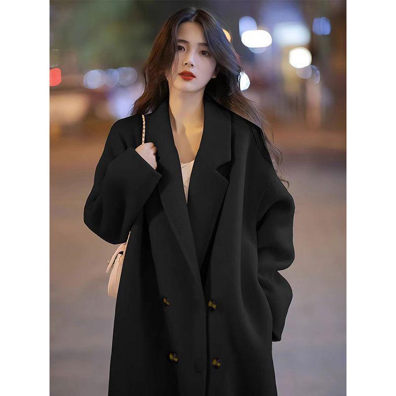 Petite Women's Korean-Style Fleece-Lined Gray Wool Coat for Fall/Winter