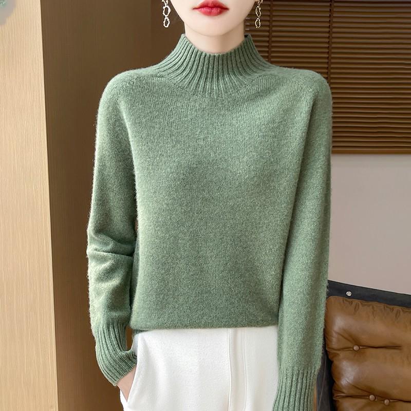Women's Pure Wool Half-High Collar Loose Knit Sweater - Thickened Autumn/Winter Base Layer Pullover