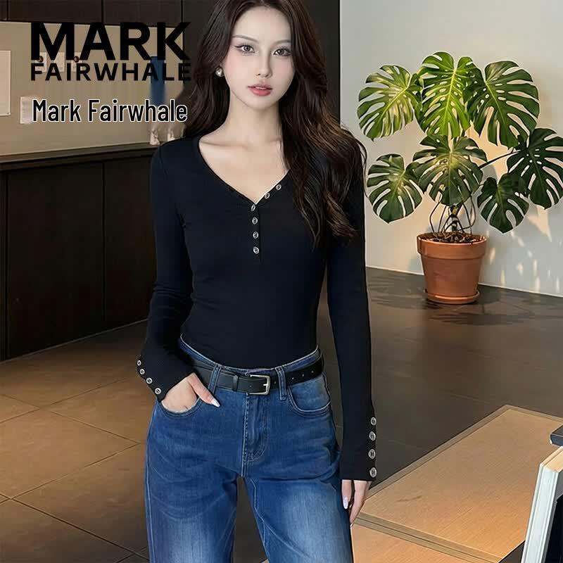 Mark Fairwhale Women's V-Neck Slim-Fit Long Sleeve T-Shirt